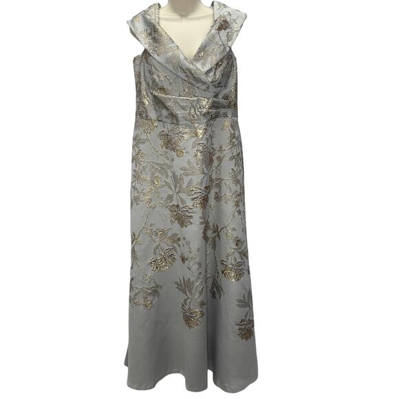 Teri Jon Off The Shoulder Metallic Jacquard A Line Gown Size 14 Silver Gold - Picture 2 of 9